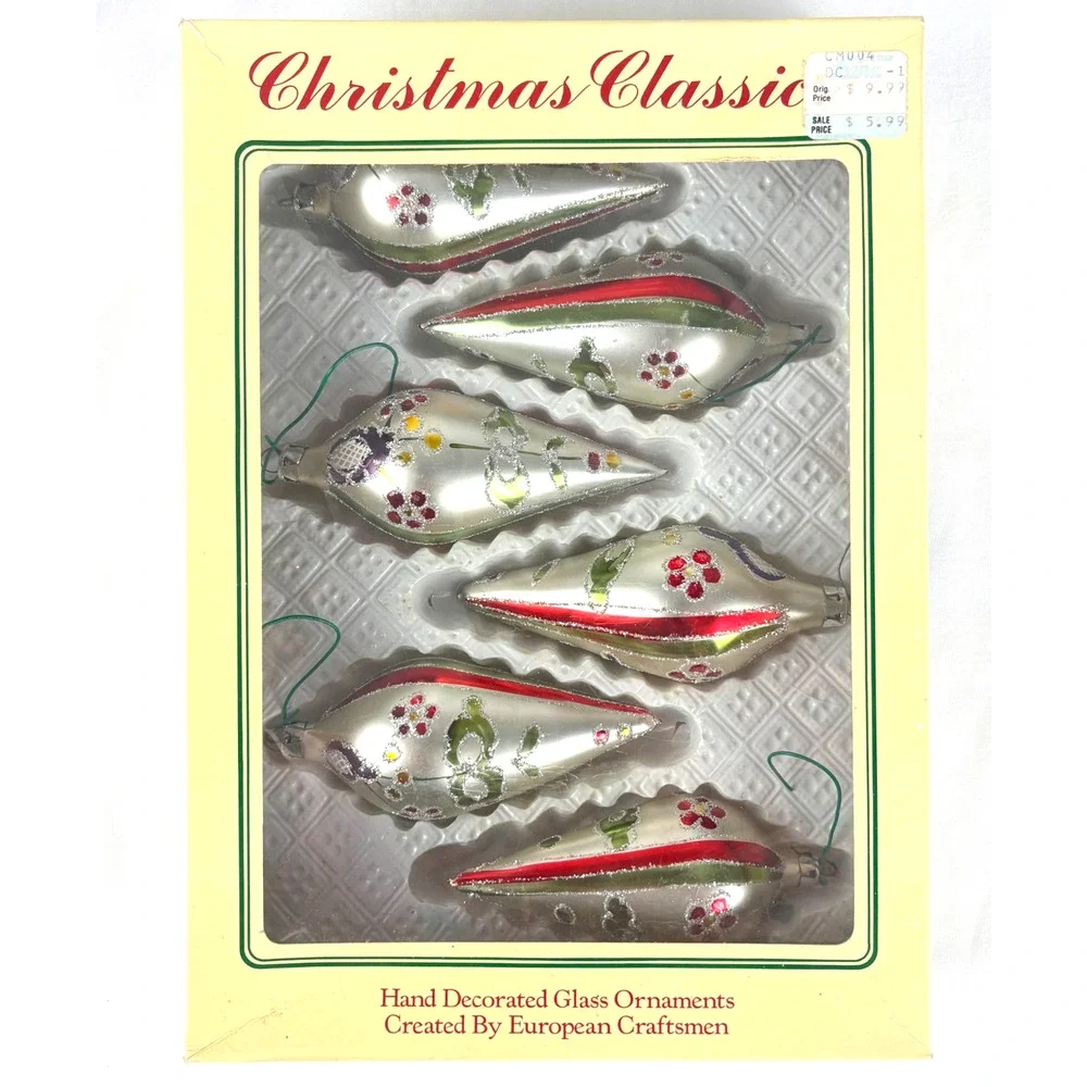 Vtg Romania Hand Decorated Glass Finial Ornaments Set of 6 Silver Red Glitter